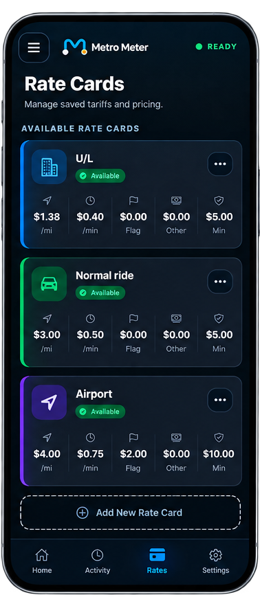 Metro Meter Rate Cards screen showing configurable fare rules
